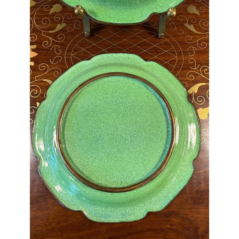 Pair Vintage Chinese Canton Enamel Copper Plates Peach Floral 6